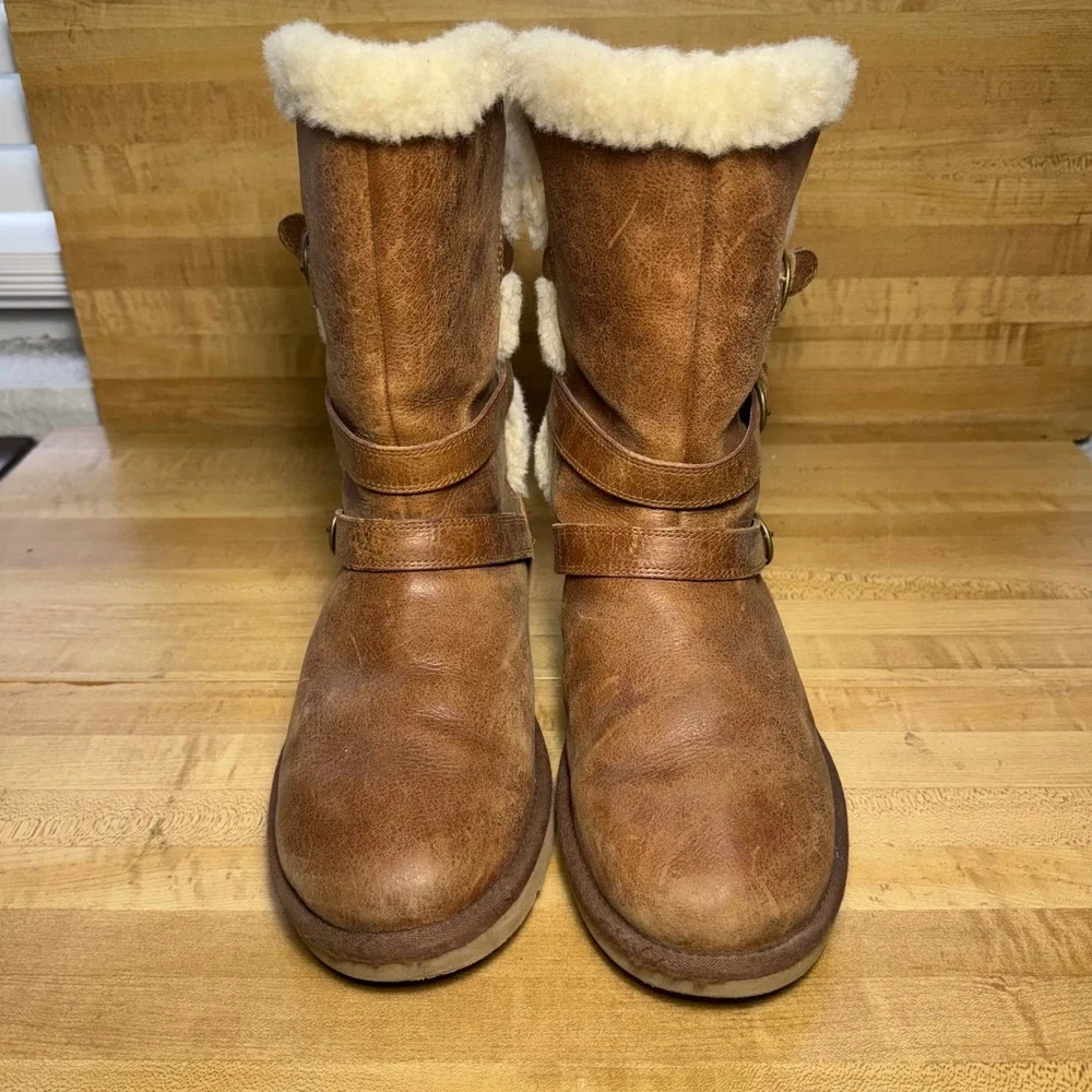 UGG Australia Triple Buckle Leather Shearling Boots Brown 1005380 Womens 9